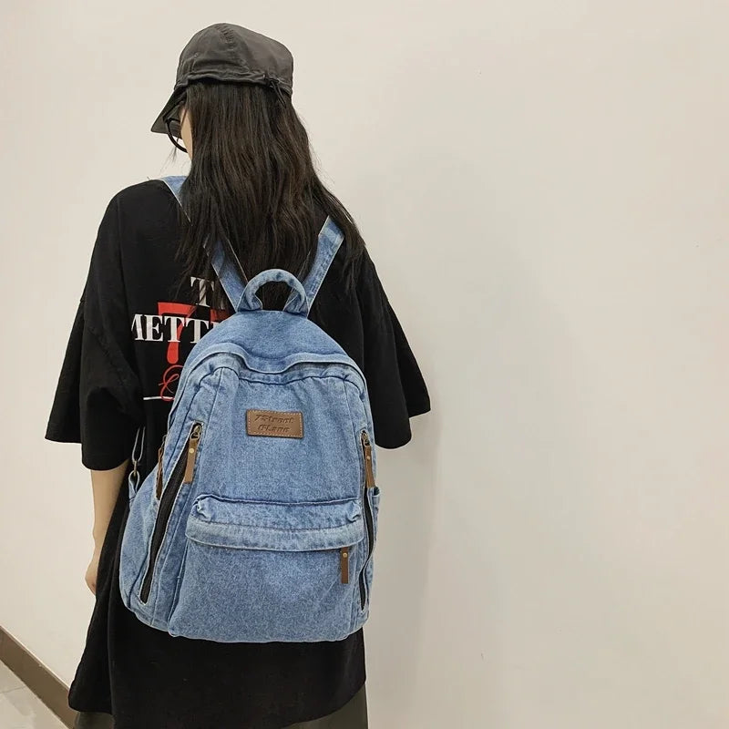 Student Denim Fashion Backpacks Zipper Bookbag Multi Pockets Large School Bag