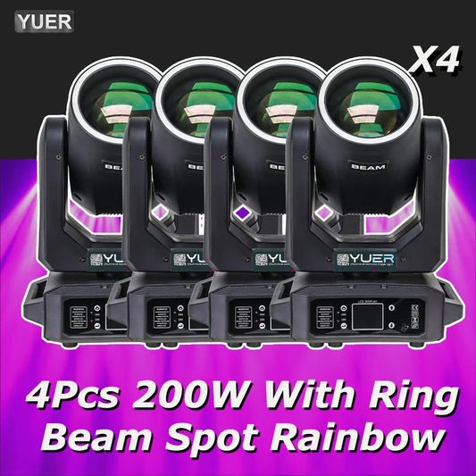4Pcs 200W LED With Ring Beam Spot Moving Head Light With 18 Rotating Prism Rainbow Effect DMX512 Disco Party CLub Stage Lights