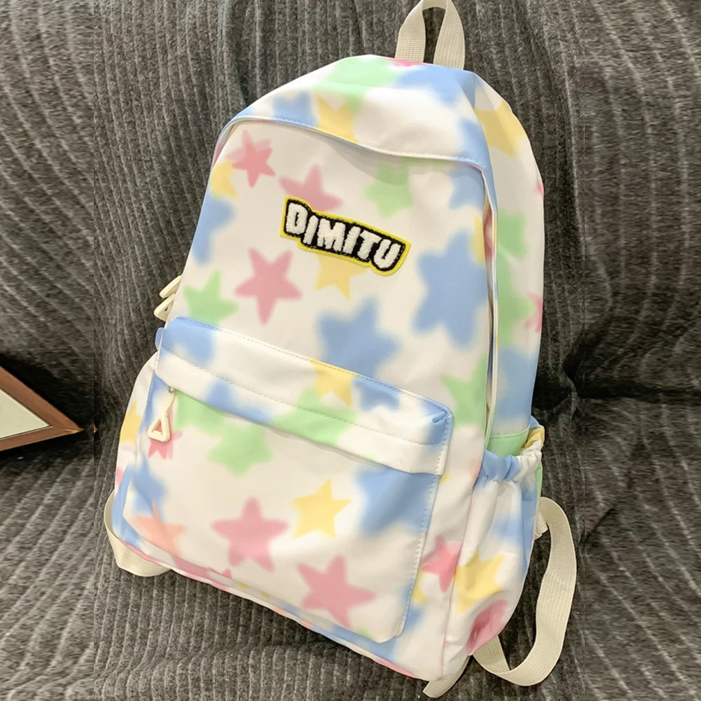 Women Large Capacity Laptop Daypack Nylon Kawaii Star Backpack Preppy with Zipper Knapsack for Hiking Travel Work