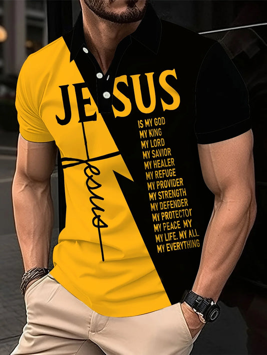 Men's Letter Printed Color Matching Summer Short-Sleeved Lapel T-Shirt, Casual and Comfortable Top as a Gift