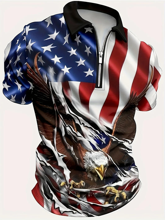 Men's American Flag Pattern Printed Short-Sleeved Lapel Golf Shirt, Casual Style Slightly Stretchy Regular Version Summer Top, S