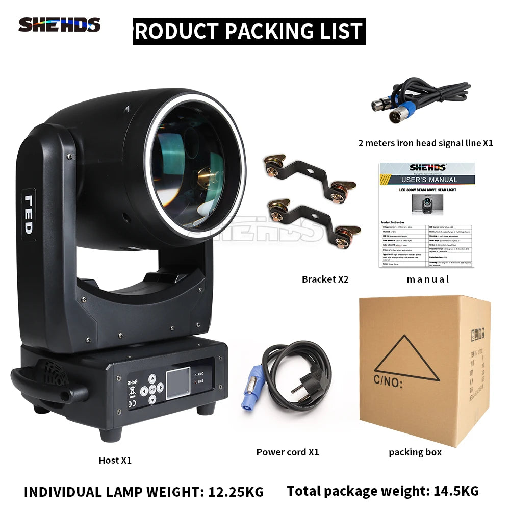 SHEHDS 2PCS 300W LED Moving Head With Flight Case DMX Beam Light With Ring For DJ Disco Wedding Stage Light Effect Professional