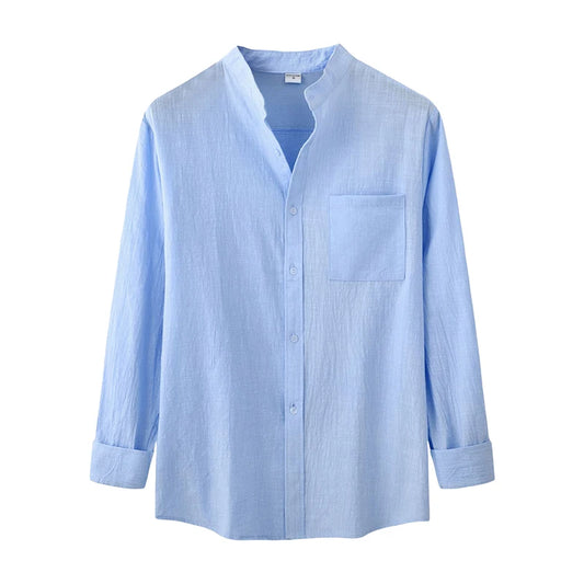 Men s Spring Autumn Casual T-shirts Long Sleeve Mock Neck Solid Color Button Up Shirt