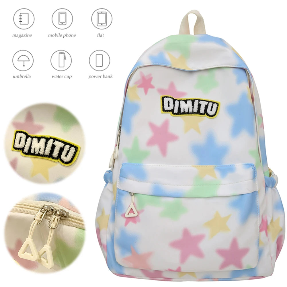 Women Large Capacity Laptop Daypack Nylon Kawaii Star Backpack Preppy with Zipper Knapsack for Hiking Travel Work