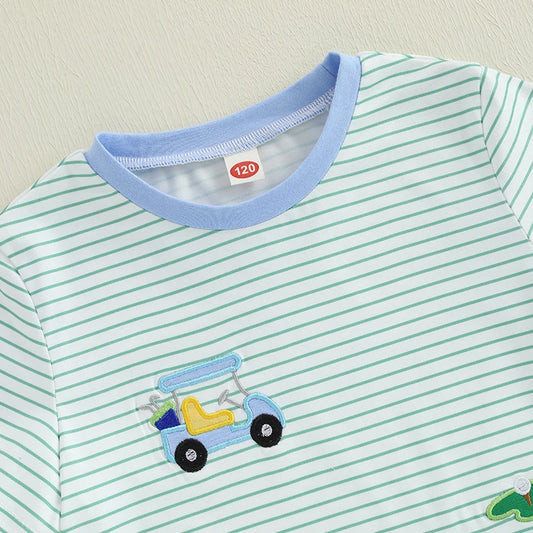 Boys Summer Golf Theme Embroidered T-Shirt and Elastic Waist Shorts Set with Round Neck and Short Sleeves 2-Piece Outfit