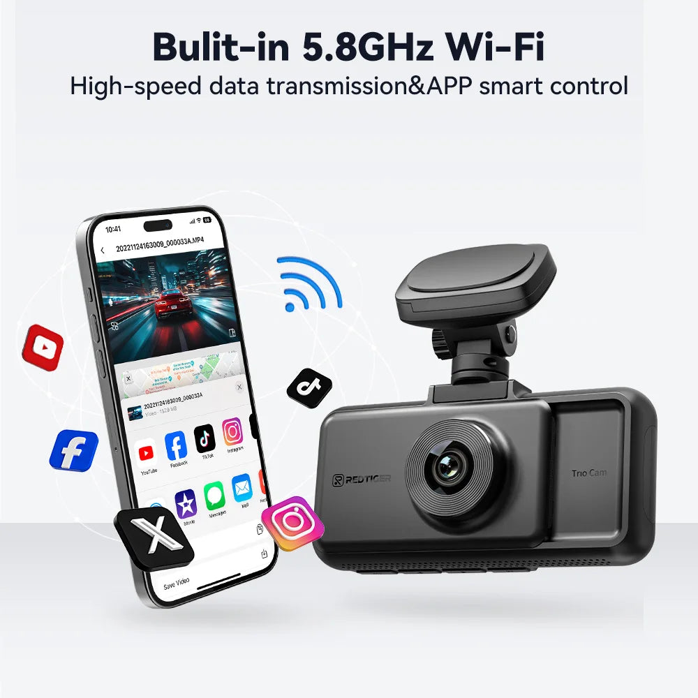 REDTIGER A6 4K Dash Cam WiFi GPS Night Vision 3 Cameras