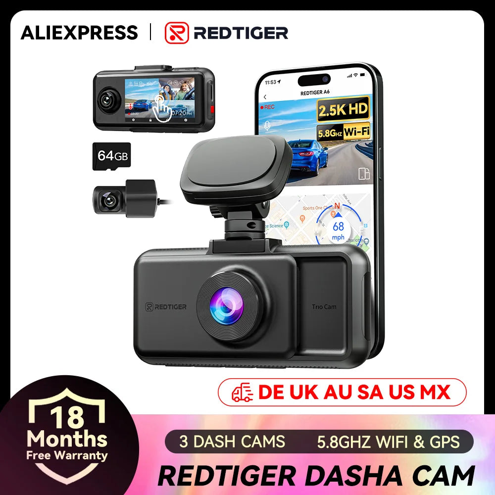 REDTIGER A6 4K Dash Cam WiFi GPS Night Vision 3 Cameras
