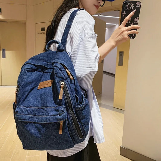 Student Denim Fashion Backpacks Zipper Bookbag Multi Pockets Large School Bag