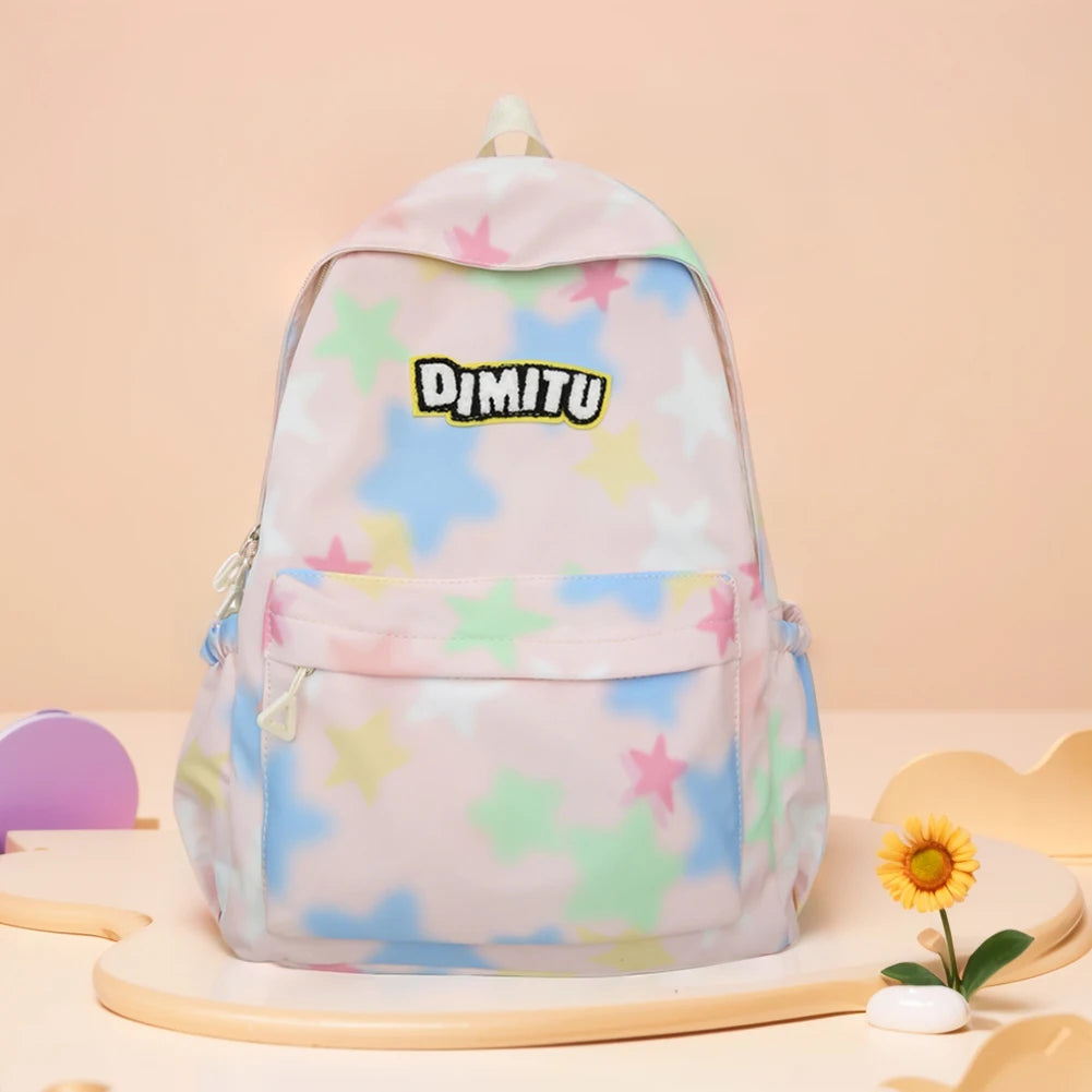 Women Large Capacity Laptop Daypack Nylon Kawaii Star Backpack Preppy with Zipper Knapsack for Hiking Travel Work