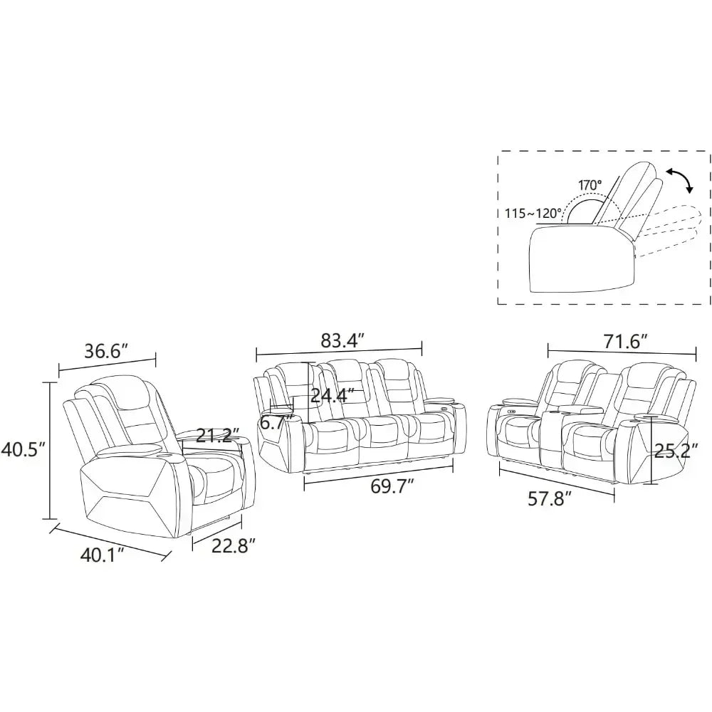 Leather Recliner Sofa Couch Set with Light,Power Reclining Sofa with Drop-Down Table Living Room Sofas Set (Sofa+Loveseat+Chair)