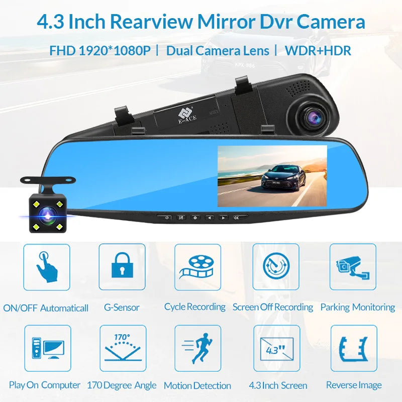 E-ACE Dash Cam 4.3 Inches Car DVR Rearview Mirror Recorder