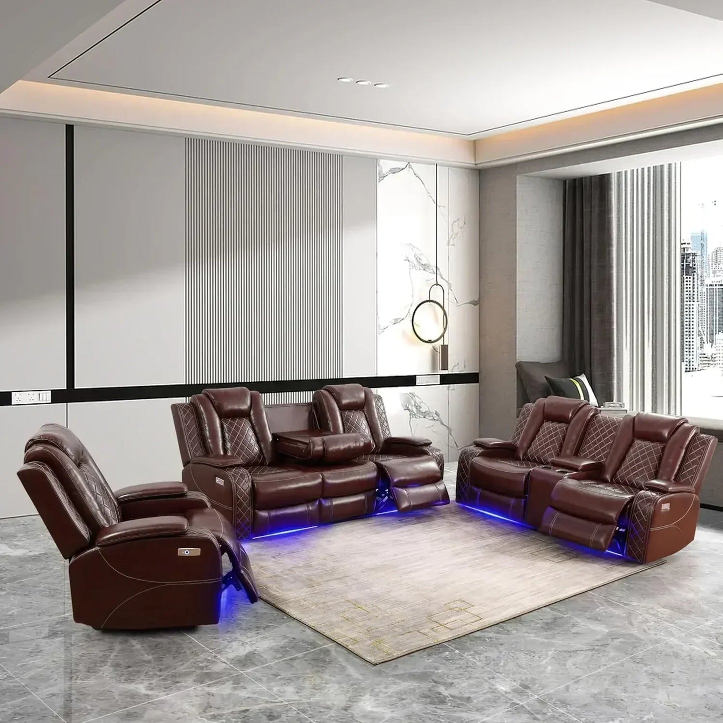 Leather Recliner Sofa Couch Set with Light,Power Reclining Sofa with Drop-Down Table Living Room Sofas Set (Sofa+Loveseat+Chair)