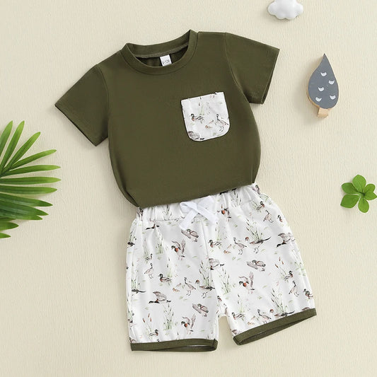 Boys Summer Outfit Sets with Short Sleeve O Neck Tops and Cute Duck Print Drawstring Shorts - Casual and Comfortable Summer