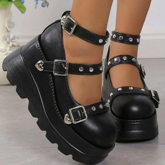 DoraTasia Retro INS Black Round Toe Heel Studded Punk Nightclub Ladies Mary Jane Y2 Lace Buckle Lolita Women's Shoes