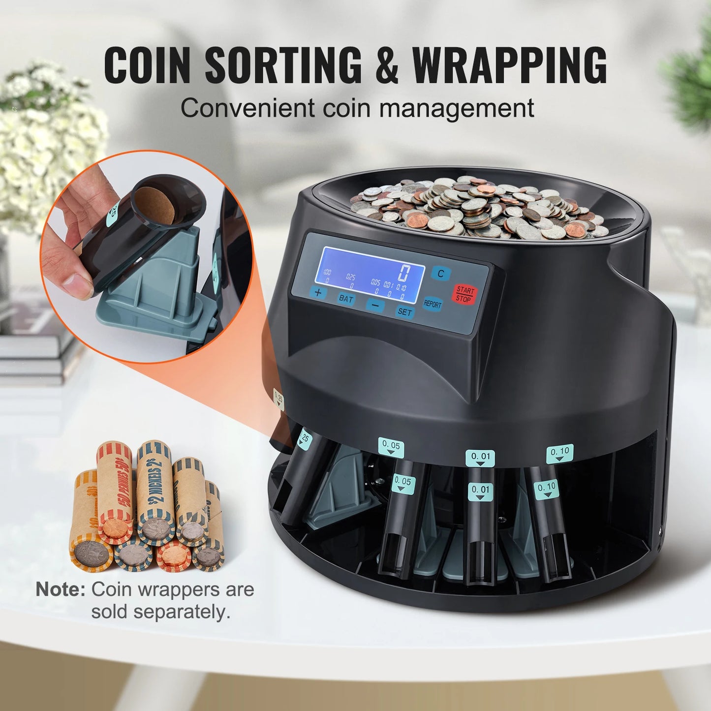 VEVOR 230/300 Coins/Min USD Coin Sorter Counter Professional Electric Automatic Machine LED Display for School Shop Bank Black