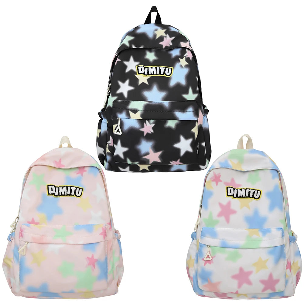 Women Large Capacity Laptop Daypack Nylon Kawaii Star Backpack Preppy with Zipper Knapsack for Hiking Travel Work