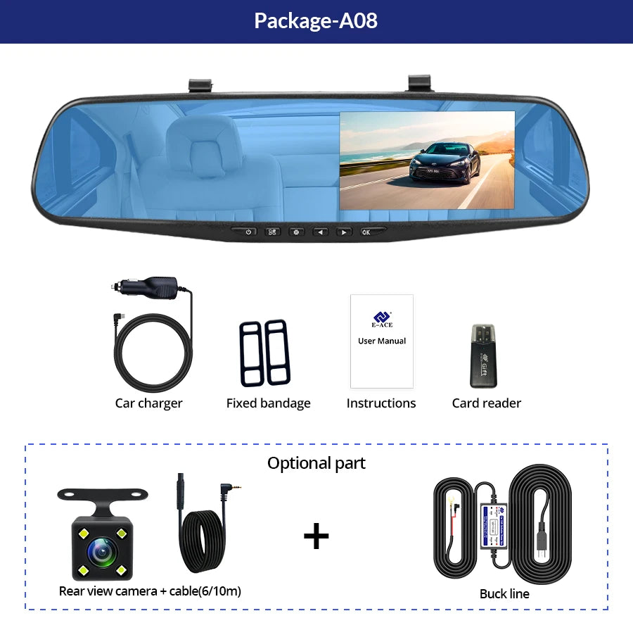 E-ACE Dash Cam 4.3 Inches Car DVR Rearview Mirror Recorder