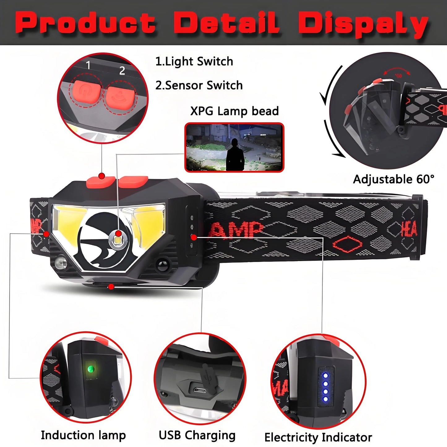 USB Rechargeable LED Headlamp - Waterproof Red Light for Night Fishing & Outdoor Activities