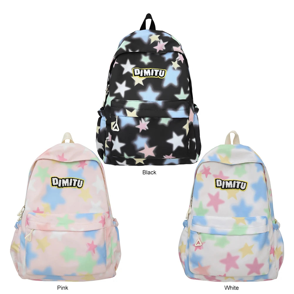 Women Large Capacity Laptop Daypack Nylon Kawaii Star Backpack Preppy with Zipper Knapsack for Hiking Travel Work