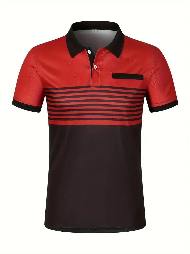 2024 short sleeved summer new item, men's casual polo shirt, V-neck button striped color blocked versatile T-shirt top