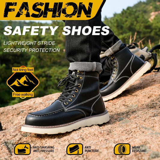 Leather High Top Work Safety Shoes Men Anti Puncture