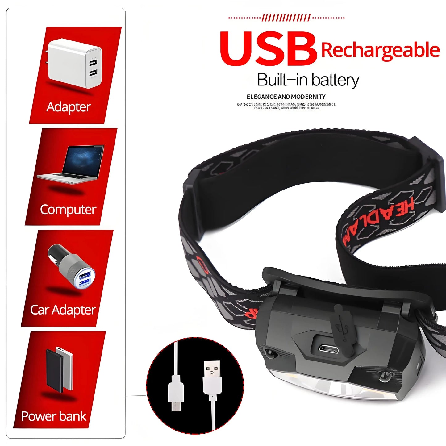 USB Rechargeable LED Headlamp - Waterproof Red Light for Night Fishing & Outdoor Activities