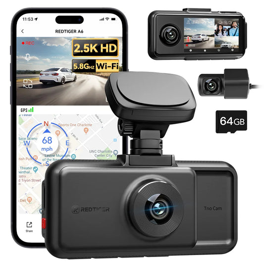 REDTIGER A6 4K Dash Cam WiFi GPS Night Vision 3 Cameras