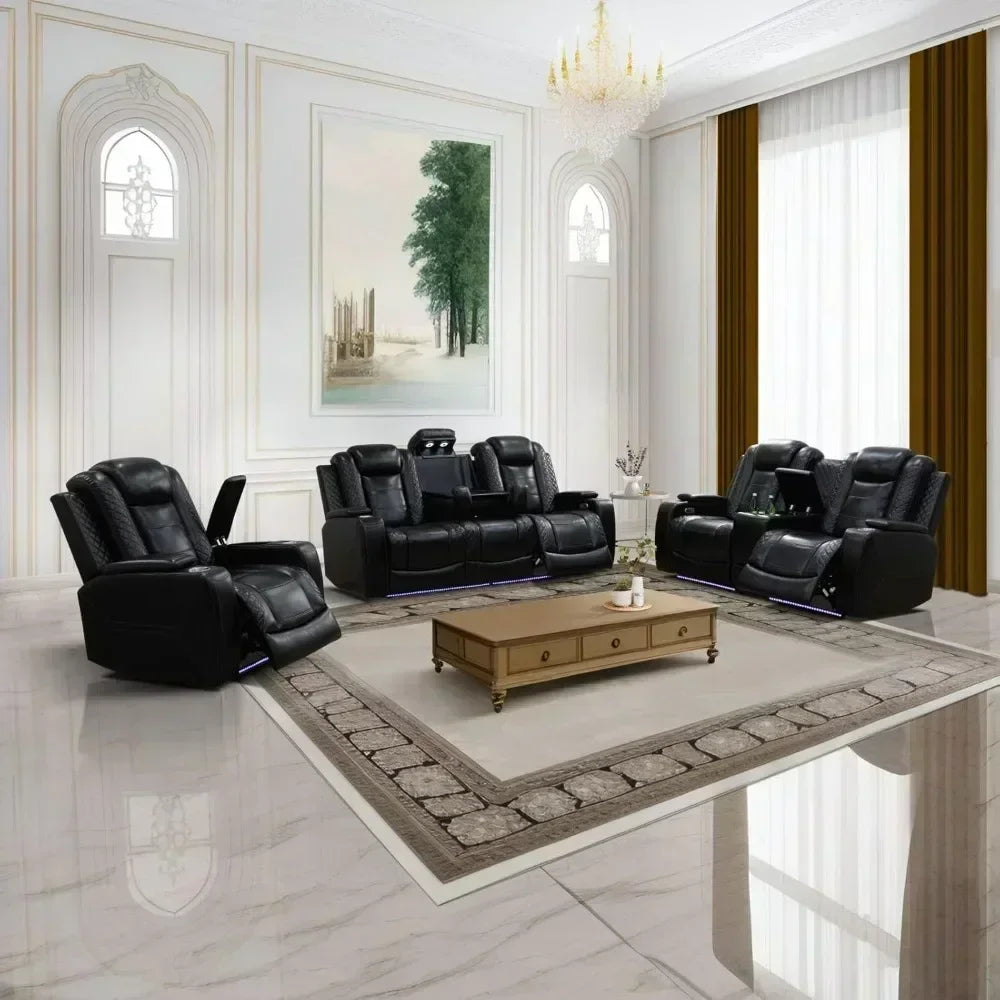 Leather Recliner Sofa Couch Set with Light,Power Reclining Sofa with Drop-Down Table Living Room Sofas Set (Sofa+Loveseat+Chair)