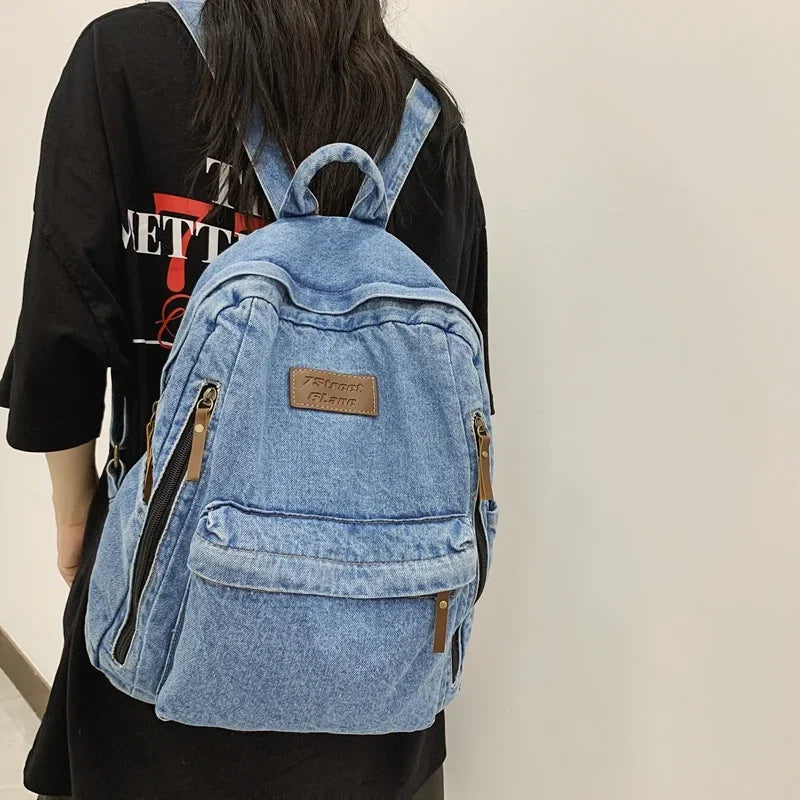 Student Denim Fashion Backpacks Zipper Bookbag Multi Pockets Large School Bag