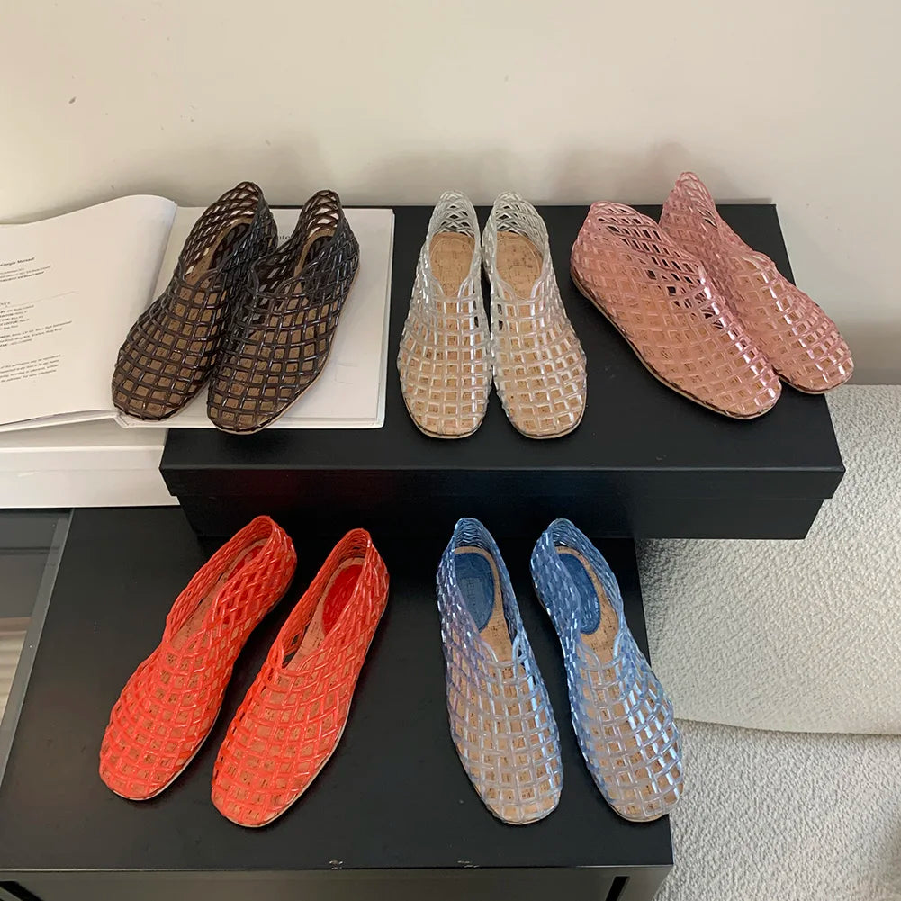 Women Jelly Flats Fashion Slip-On Flats Lightweight Hollow Out Ballet Flats Breathable Beach Jelly Shoes for Summer Beach